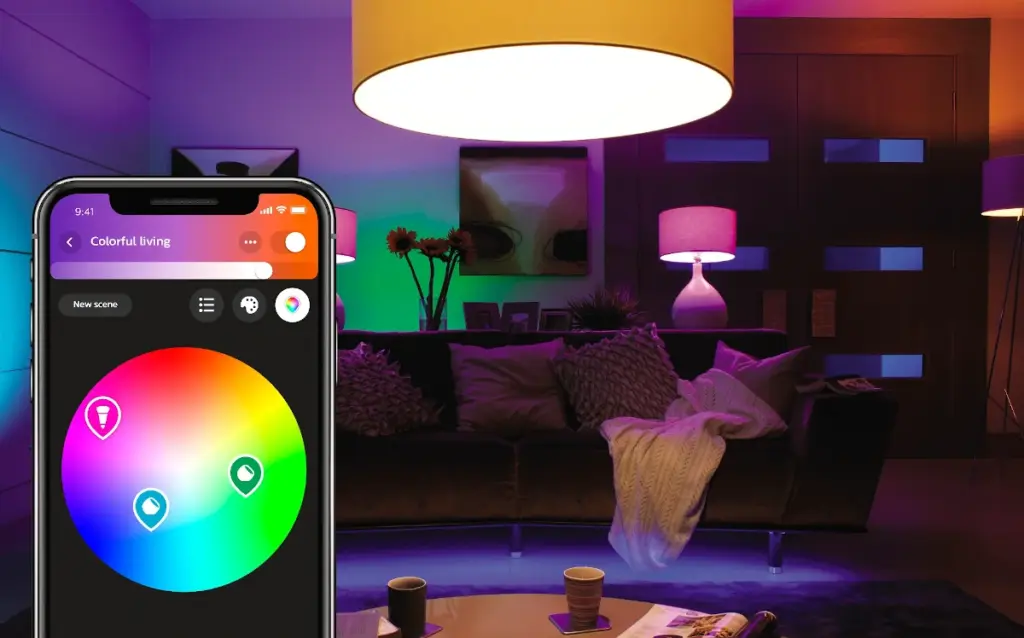 Hue-App Farbkreis steuert farbige Lichtszenen im Wohnzimmer